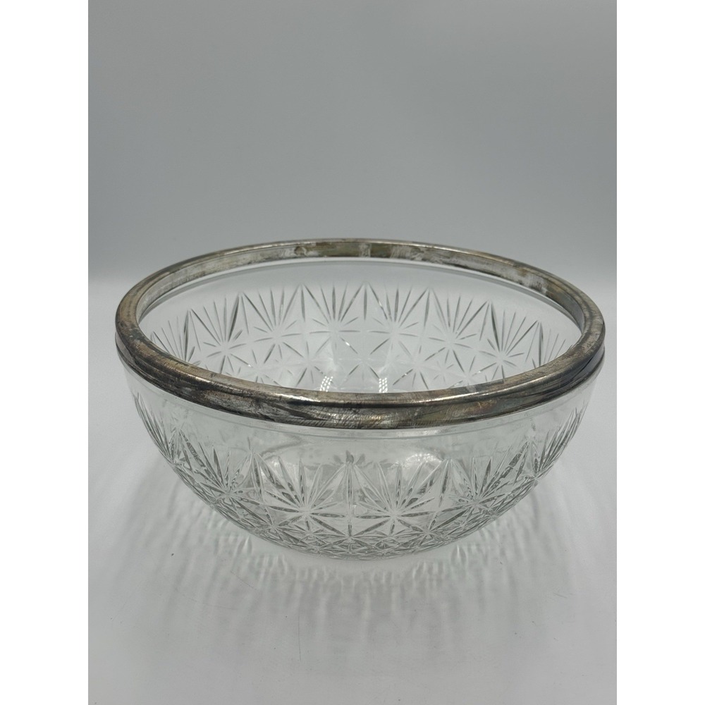 Vintage‎ Leonard Italy Lead Crystal Serving Bowl with Silver Plate Rim 9"D